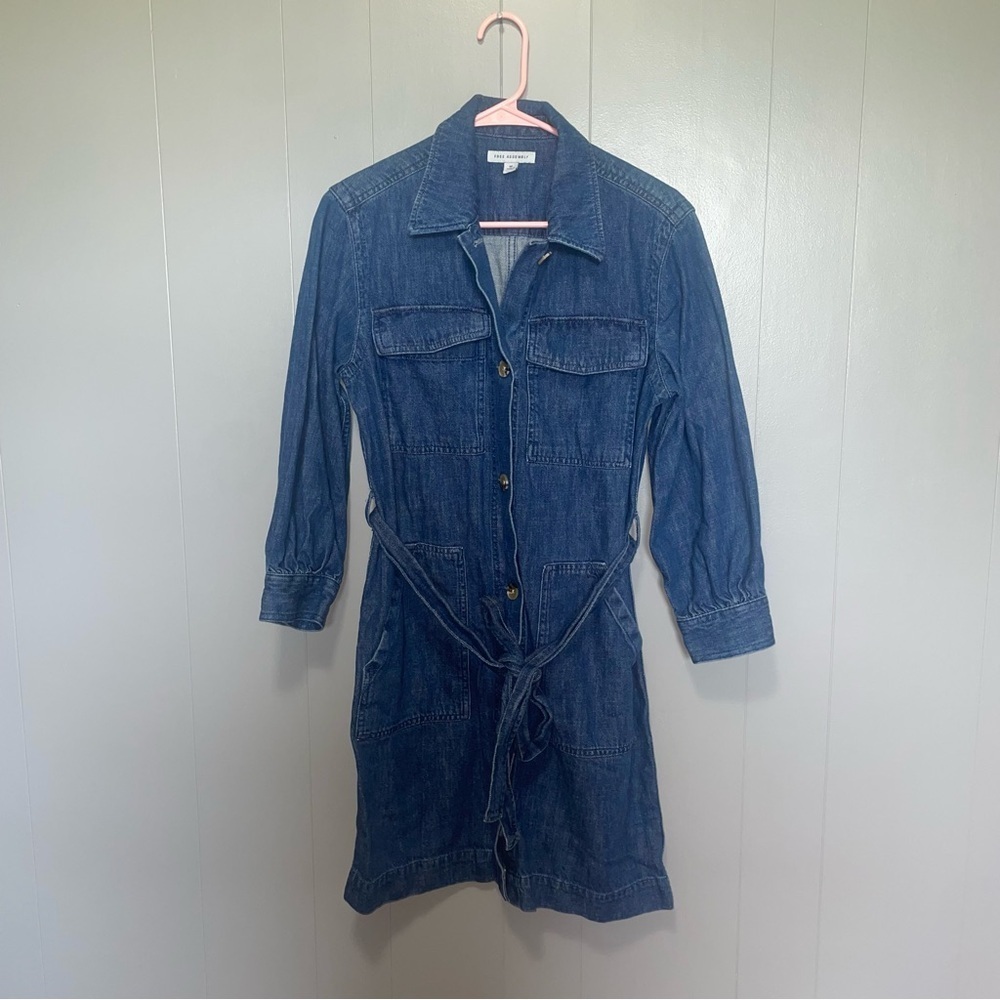 Free Assembly Long Sleeve Denim Tie Waist Dress Medium